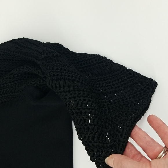 JOSEPH A. Black Viscose V-Neck Shirt Top with Crocheted Sleeves - Picture 5 of 10